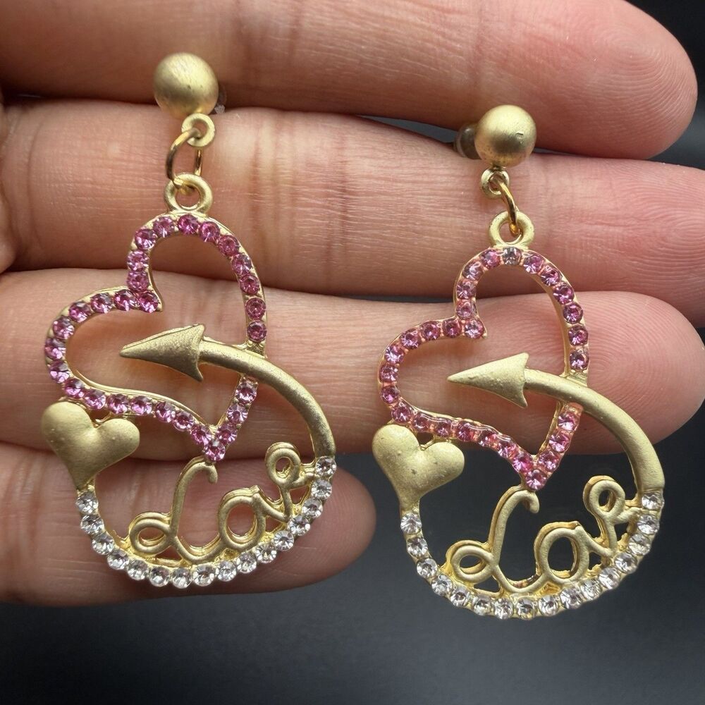 Gold Tone Pink Rhinestone Love Heart Cupid Arrow Dangle Drop Earrings New